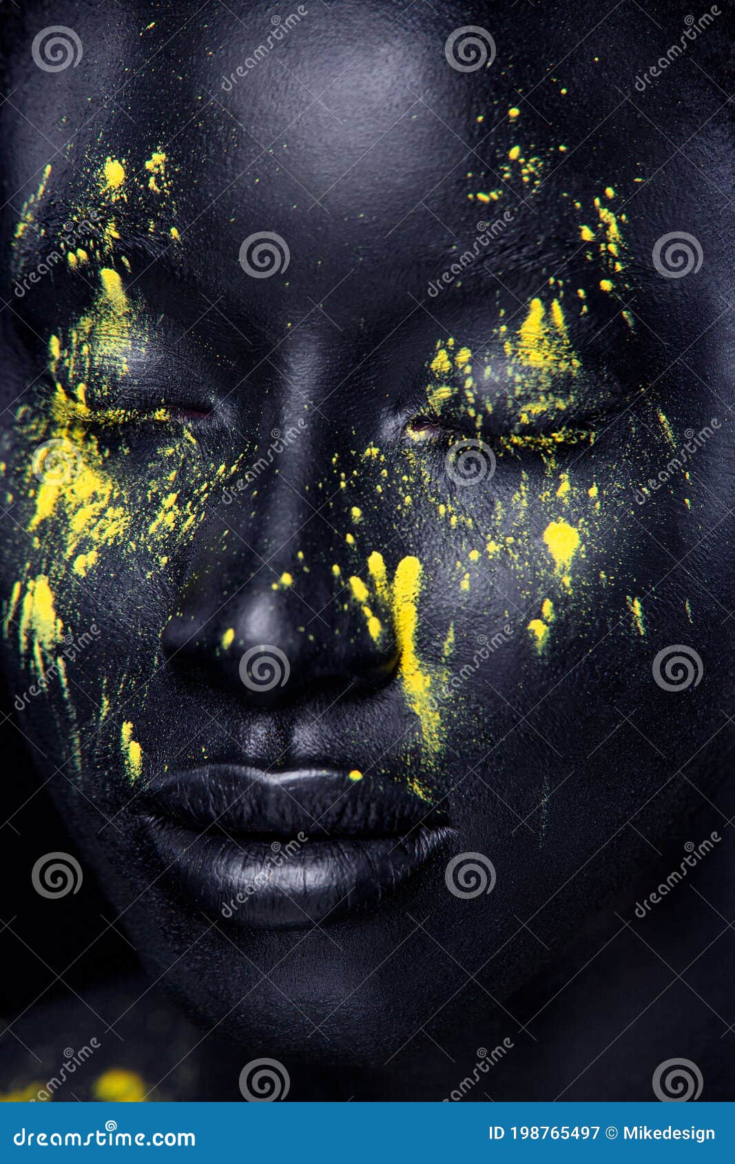 Woman With Black Body Paint. Cheerful Young African Girl With Art