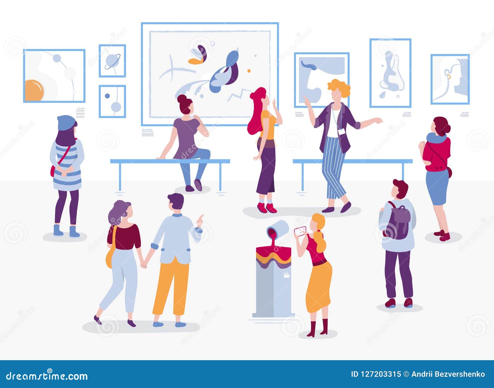 Art Gallery with Visitors Looking at Paintings Vector Flat Illustration.  People at the Exhibition Cartoon Characters in Stock Vector - Illustration  of contemplative, exhibition: 127203315