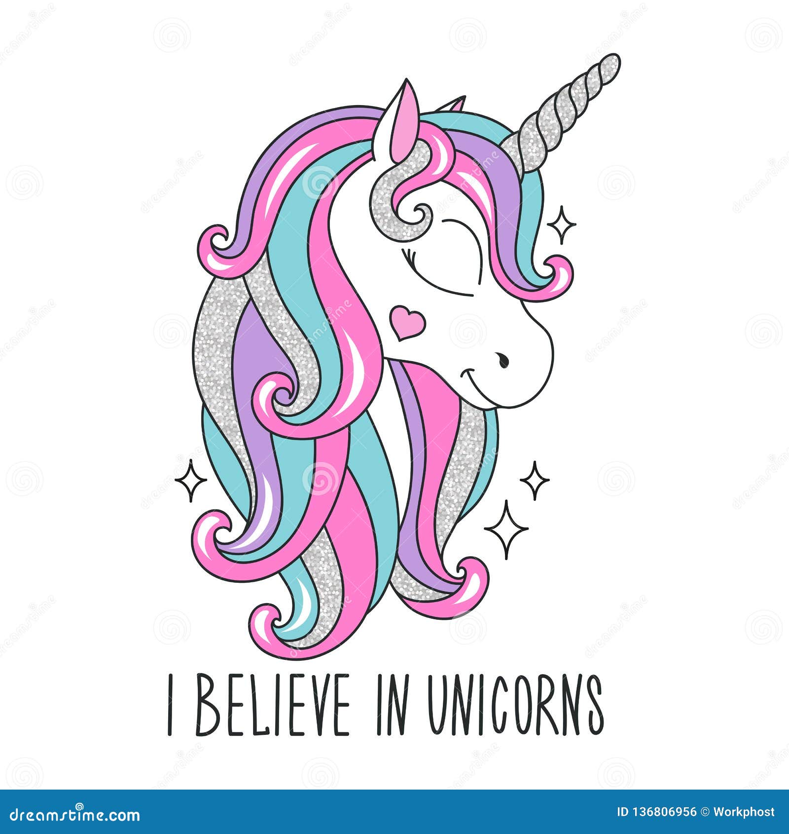 Art Glitter Unicorn Drawing For T Shirts I Believe In Unicorns Text Design For Kids Fashion Illustration Drawing In Modern Stock Illustration Illustration Of Paper Background