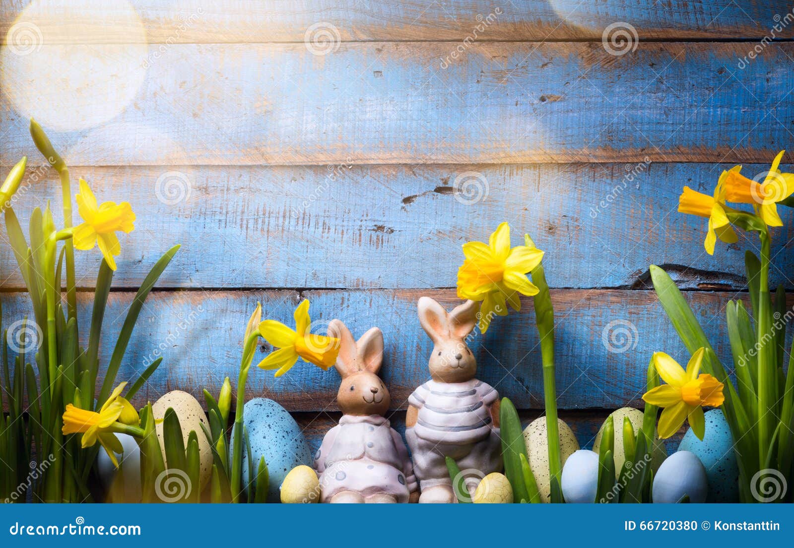 Art Happy Easter Day; Family Easter Bunny and Easter Eggs Stock Photo