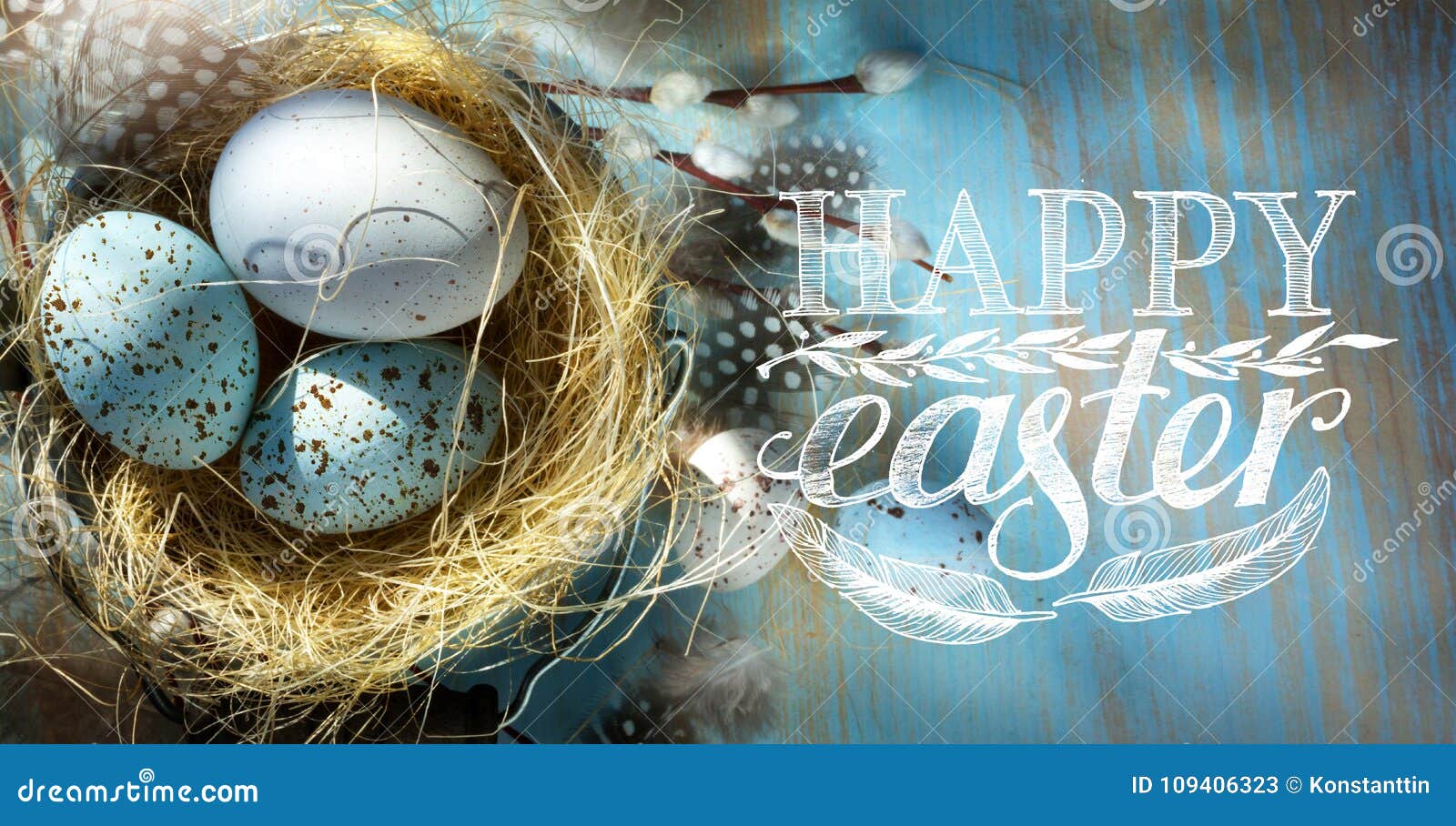 art happy easter; easter eggs in basket on the blue table backgrou