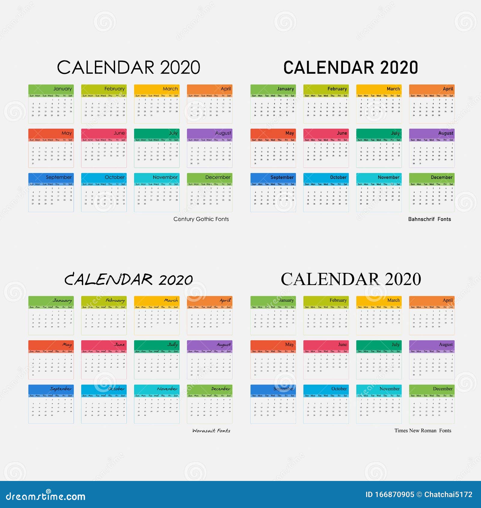 2020 Calendar Templatecalendar 2020 Set Of 12 Months Stock Vector