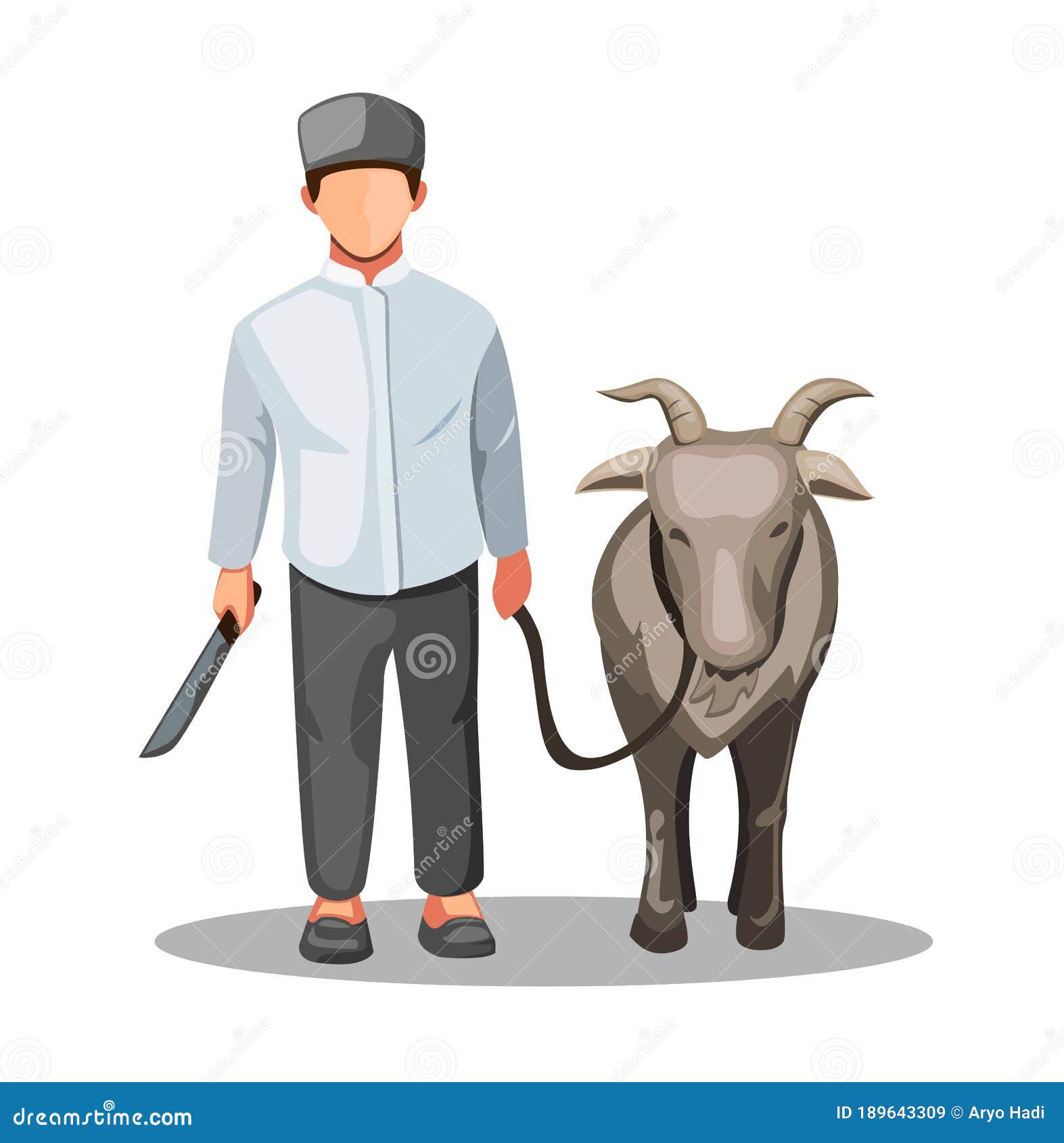 Qurban Idul Adha. Muslim Man With Goat Sacrifice For Tradition In Eid