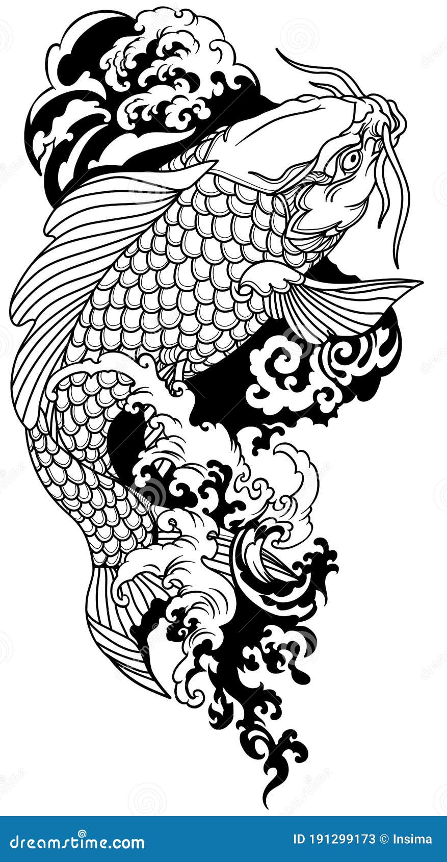 Koi Carp with Sakura Tattoo Black and White Stock Vector  Illustration  of asian courage 181865369