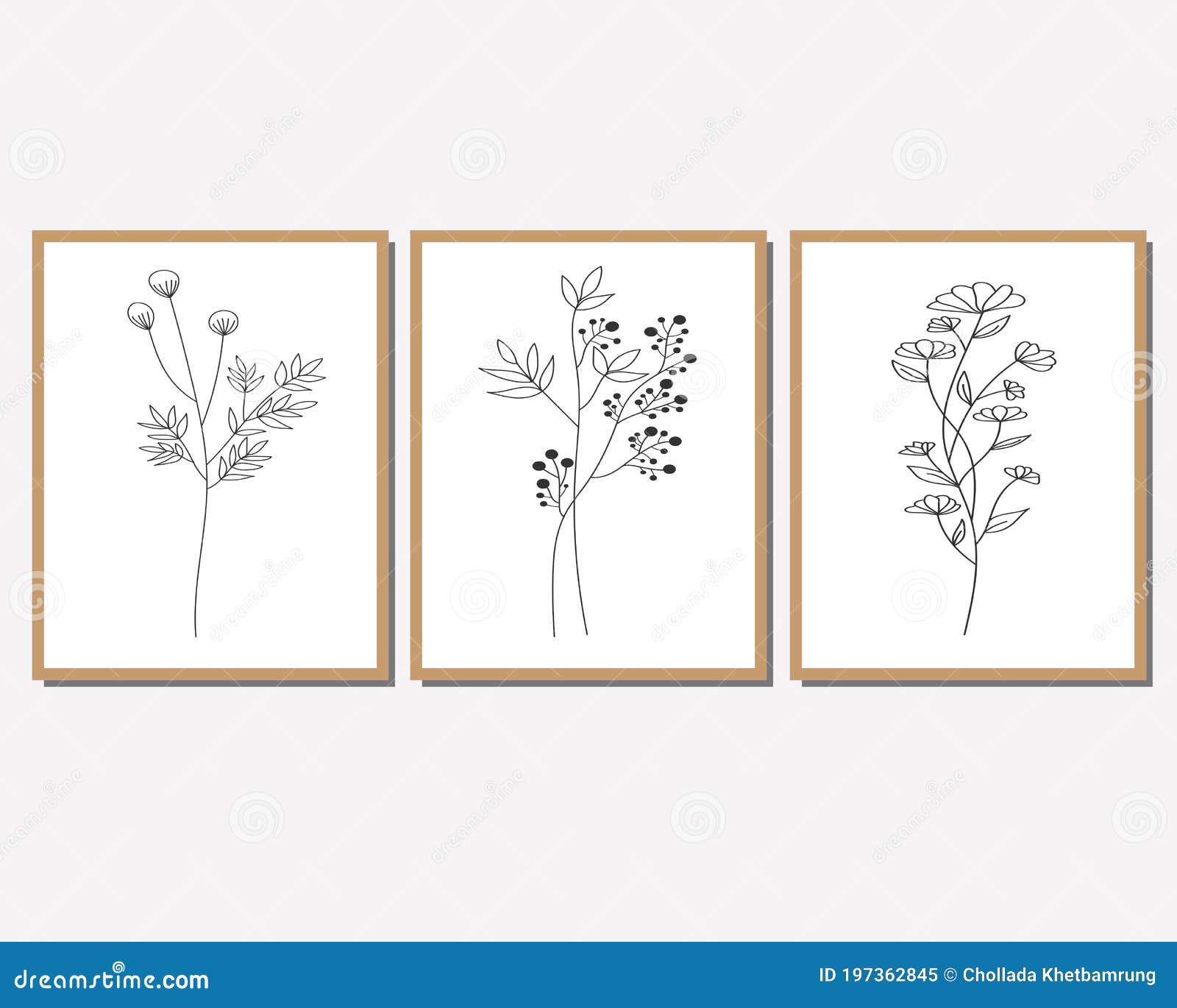 Gallery Wall Art Set of 3 Printable Minimalist Print. Stock Vector