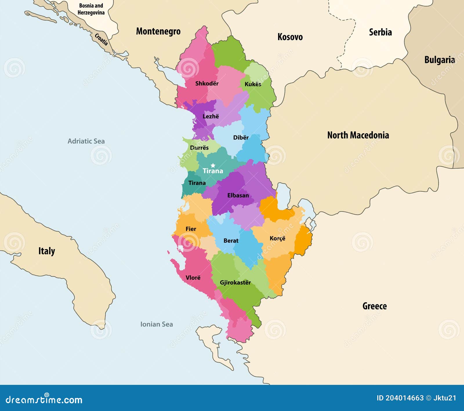 Albania Administrative Divisions Distrcts of Colored by Counties Vector
