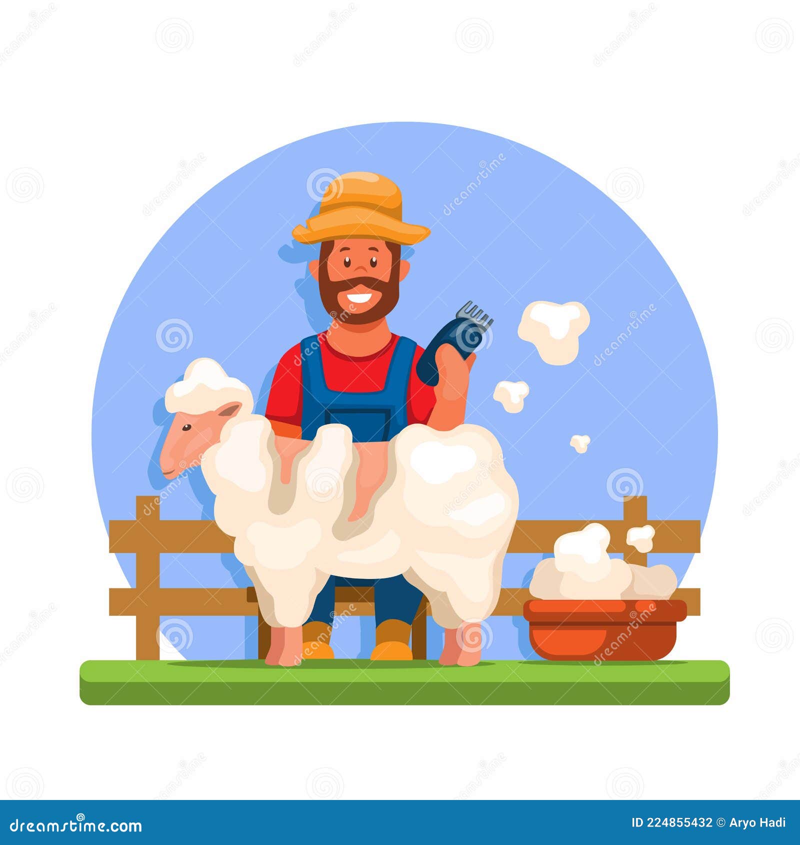 Farmer Shave Sheep, Sheep Shearing Cartoon Illustration Vector Stock