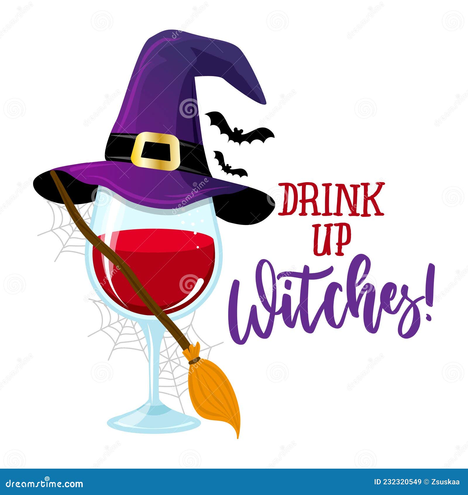 Drink Up Witches! One Glass on Wine in Witch Costume. Stock Vector