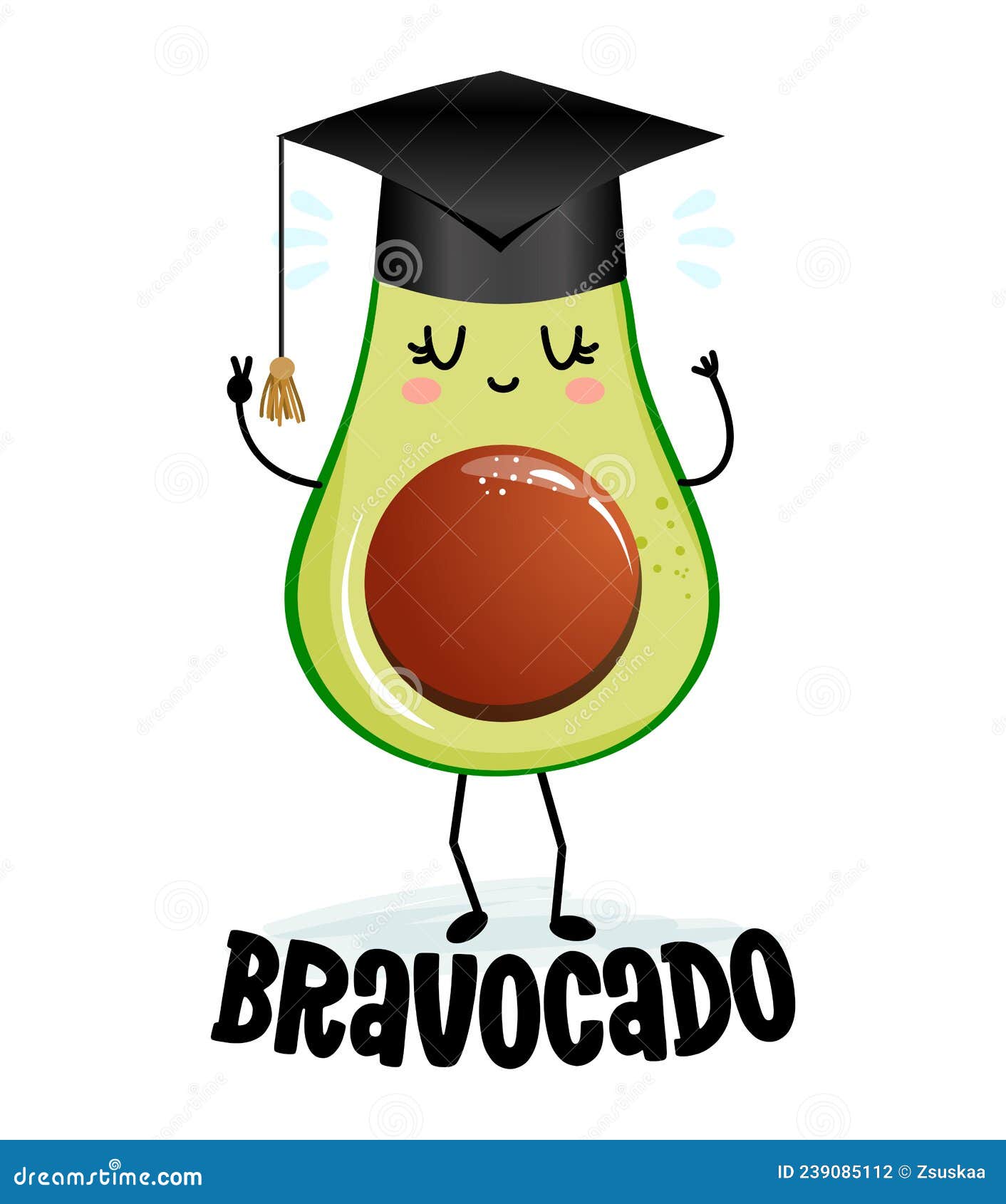 bravocado bravo avocado kawaii character  with graduation hat on white background.