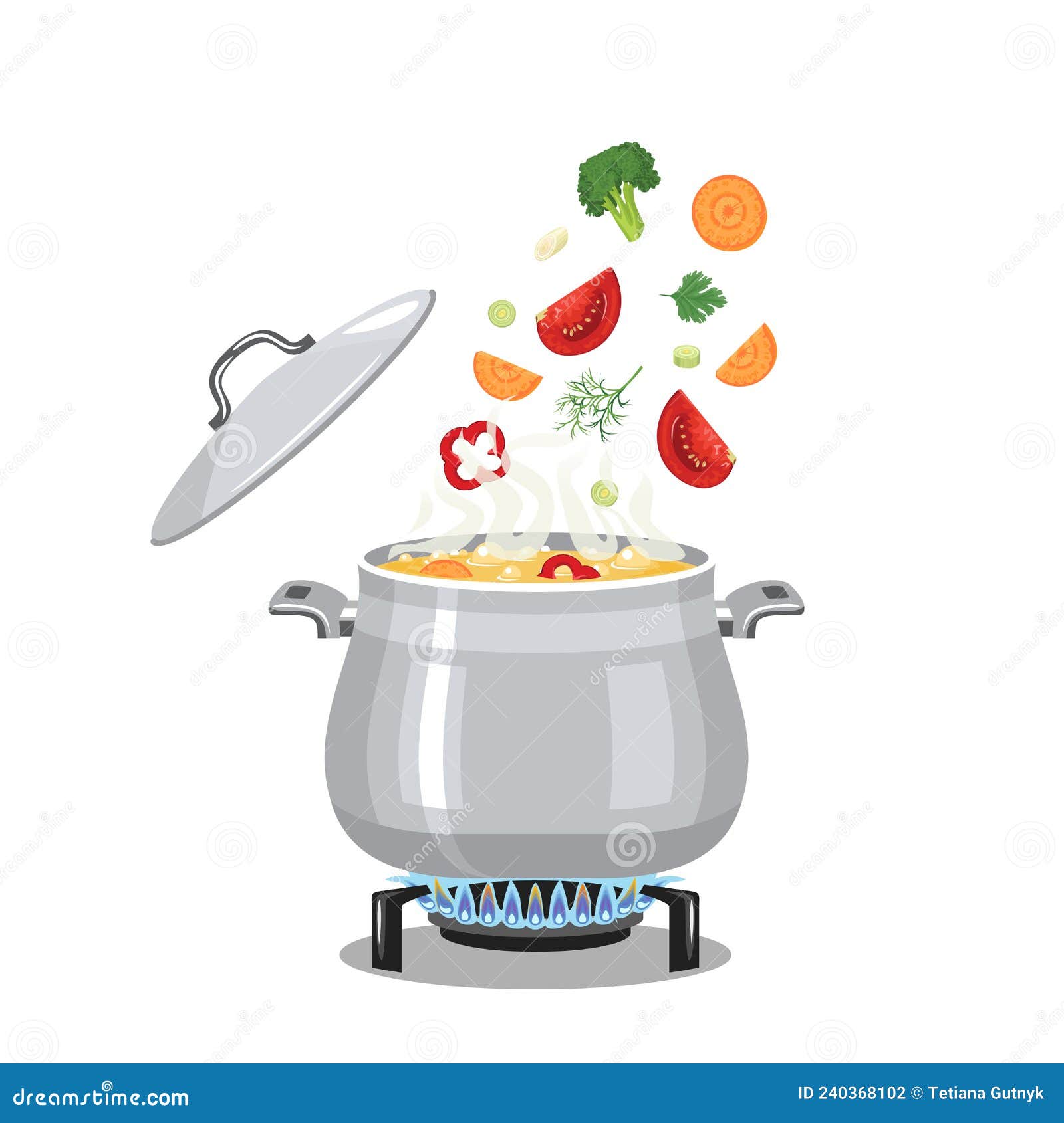 Boiling Soup in Pot on Gas Stove. Cooking Concept Stock Vector ...