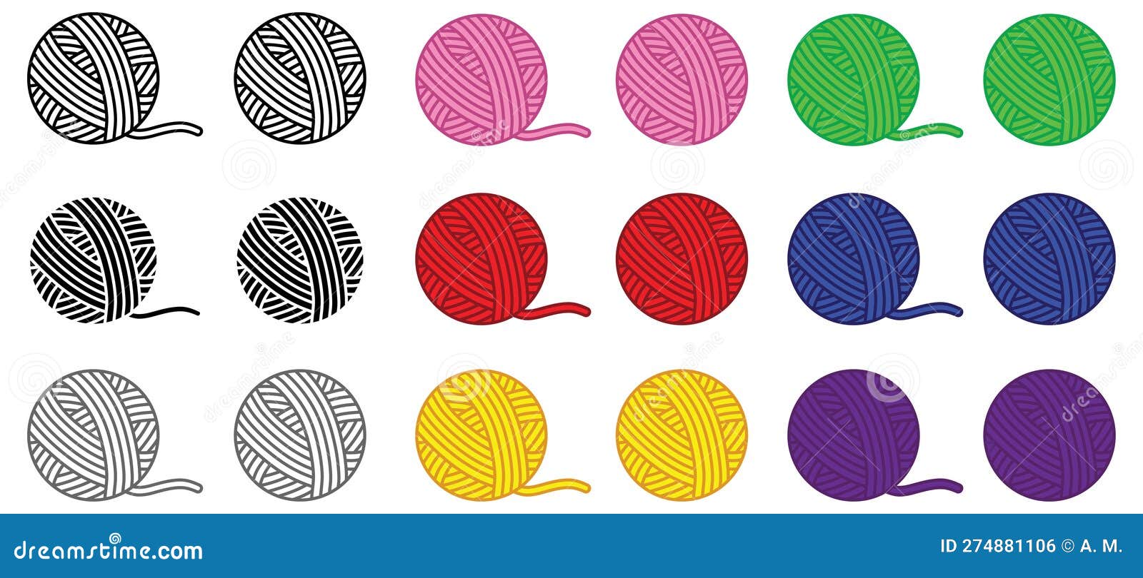 Colored Yarn Ball Clipart Set With Outline And Silhouette Vector