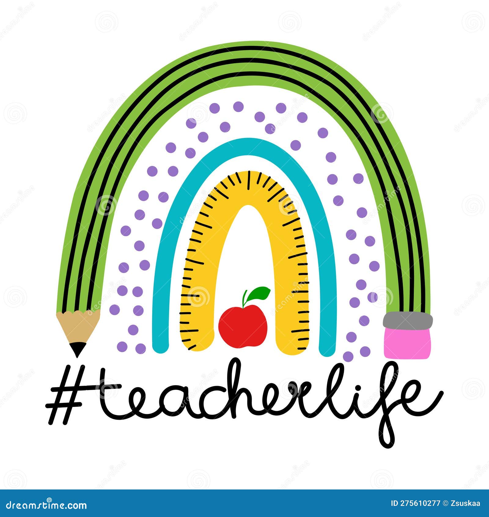 Teacherlife Colorful Typography Design with Red Apple and Rainbow