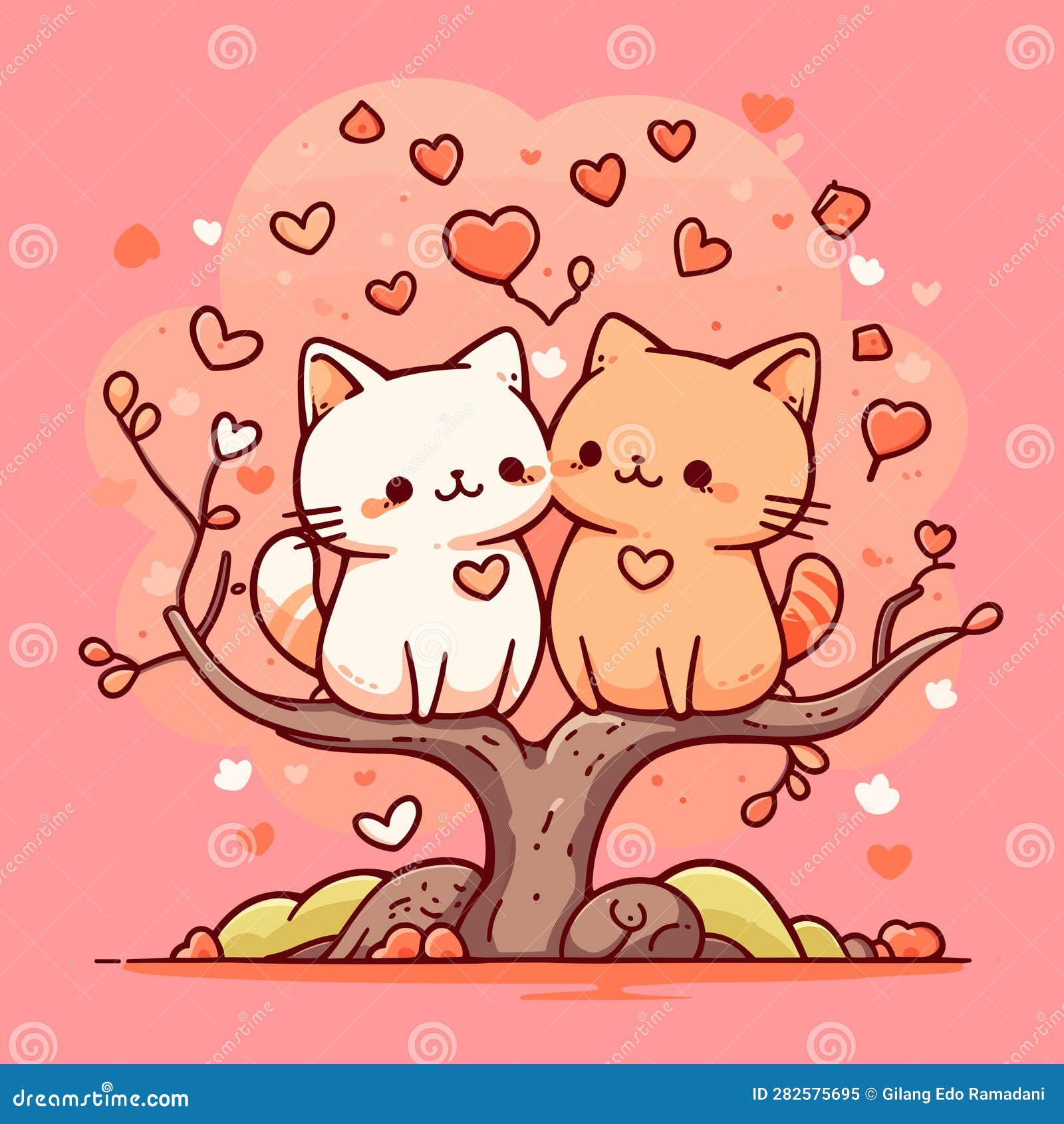 Cartoon Cat. Couple Kitten Loving in Tree Valentine Tree Stock Vector Illustration of diagram