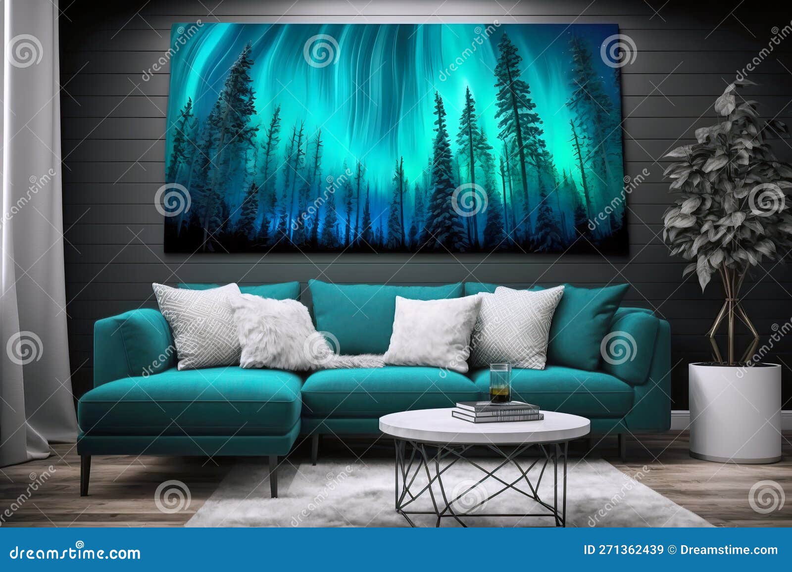art moderne style living room interior with an aurora borealis (polar lights) painting on a wall