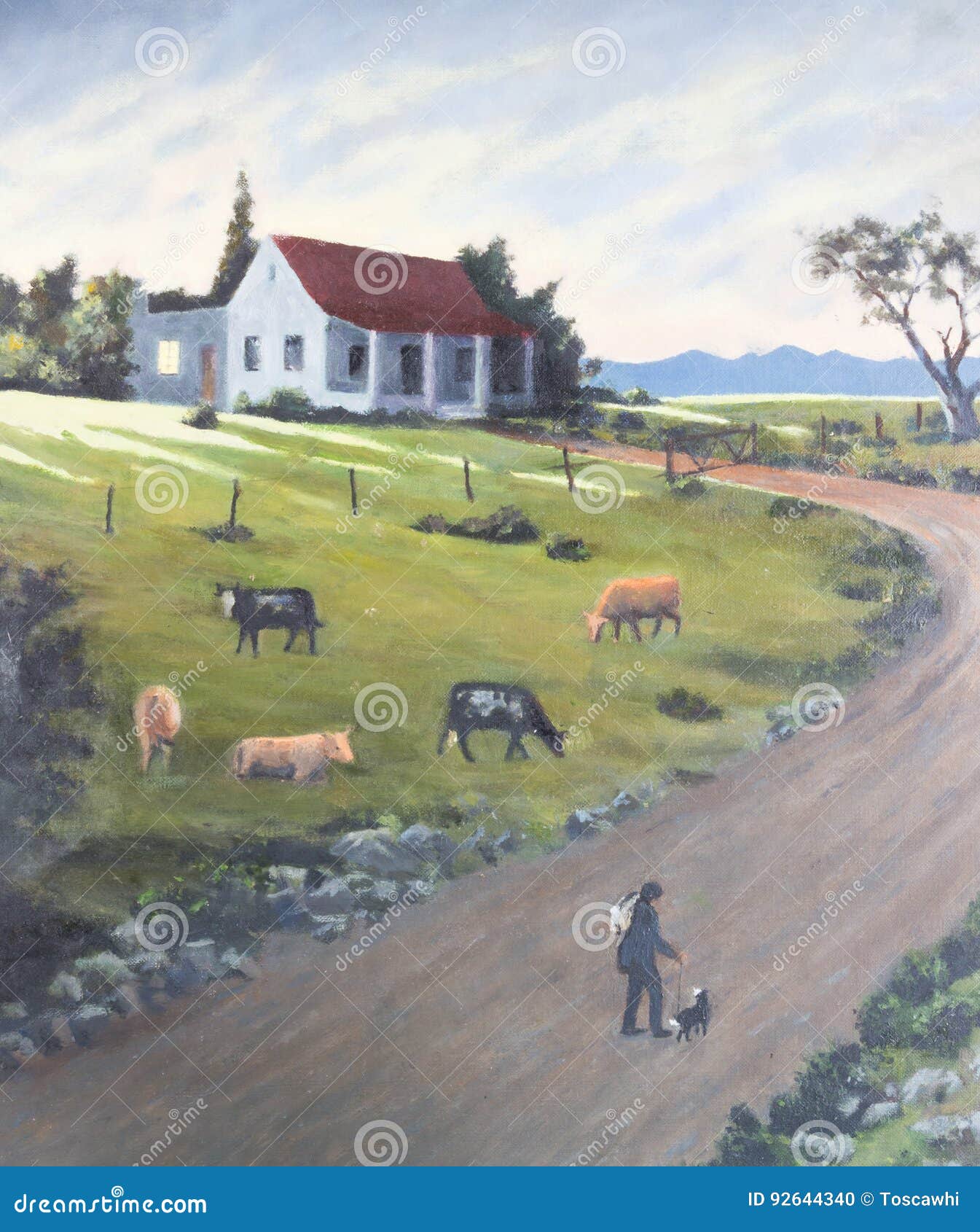 art painting of humble cottage at sundown with cattle herder and