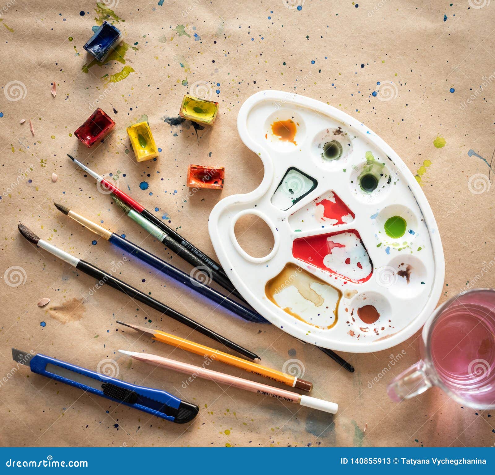 Art Palette with Brushes and Paint Boxes on Table Stock Image Image of inspiration