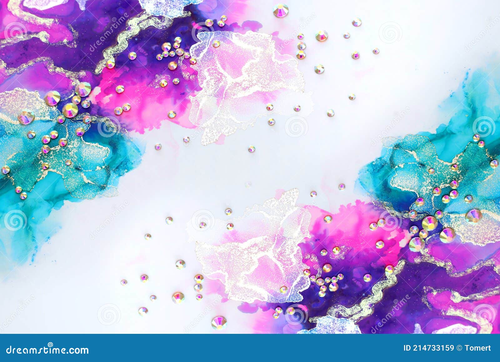 art photography of abstract fluid art painting with alcohol ink blue, purple, pink, gold colors and crystal rhinestones