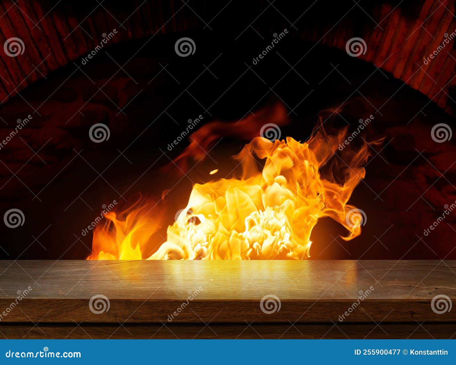 Art Side View of an Empty Wooden Tabletop with Open Fire Oven on a Dark