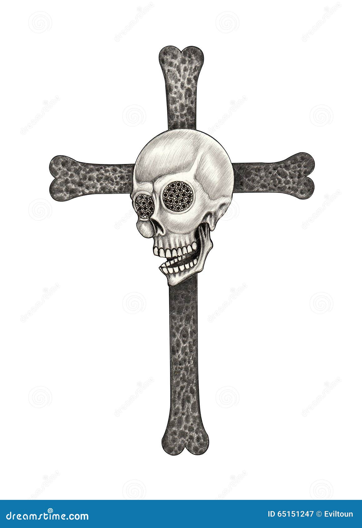 Art skull cross tattoo. Art design head skull mix cross for tattoo hand pencil drawing on paper.