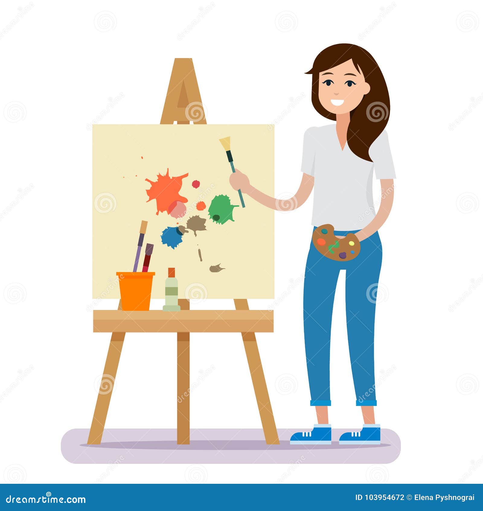 Woman Artist Painting Flower On Canva. Girl Holding Palette And Brush ...