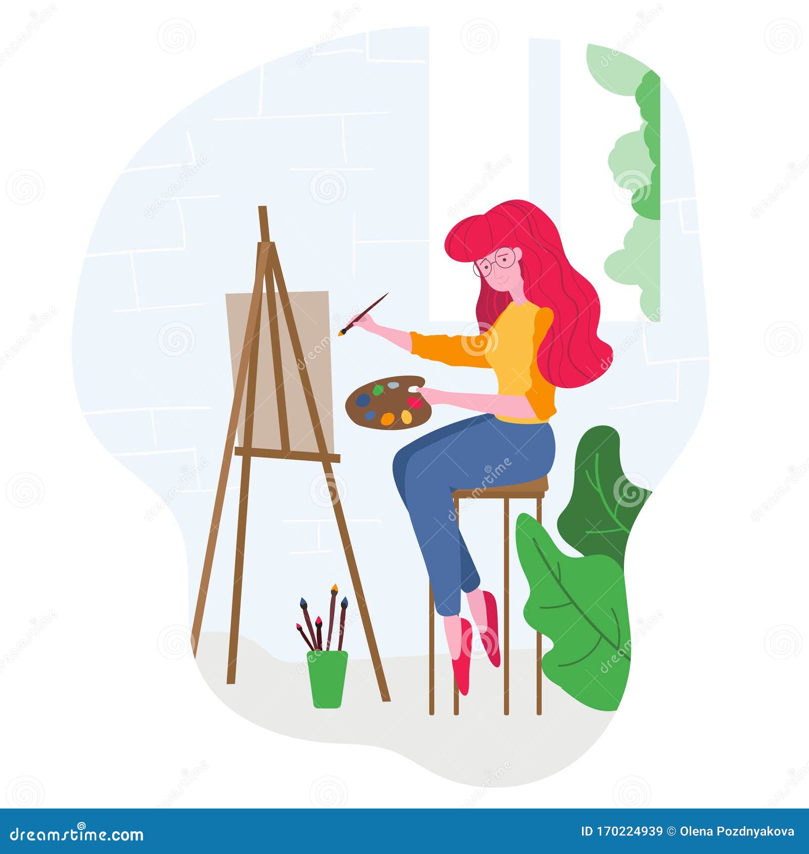 Art Studio Interior. Woman Artist Drawing Stock Vector - Illustration ...