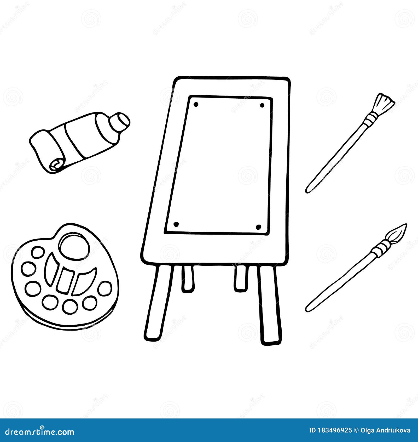 Hand Drawn Vector Doodle Illustration of Art Supplies. Stock