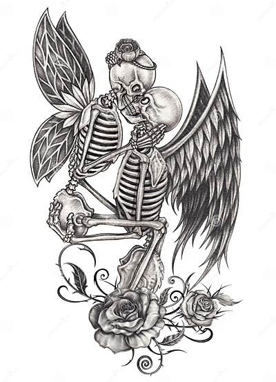 Art Surreal Couple Fairy and Angel Skull Tattoo Stock Illustration ...