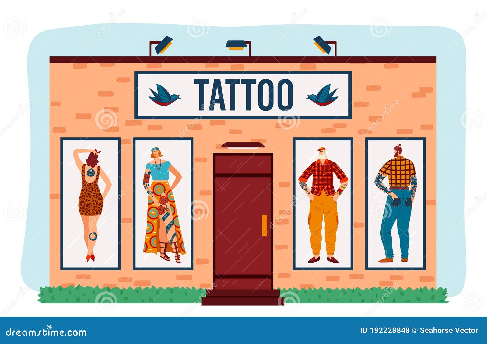 art tattoo salon  , cartoon flat building with tattooed hipster man woman characters at window