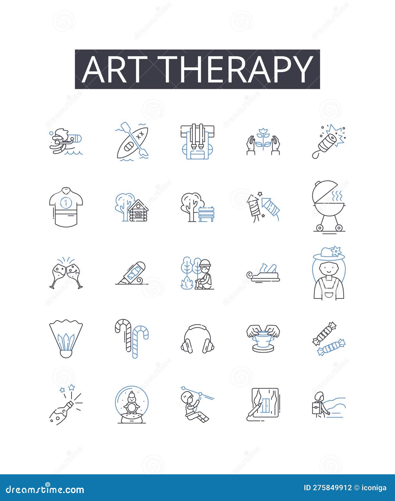 art therapy line icons collection. music therapy, play therapy, drama therapy, movement therapy, narrative therapy