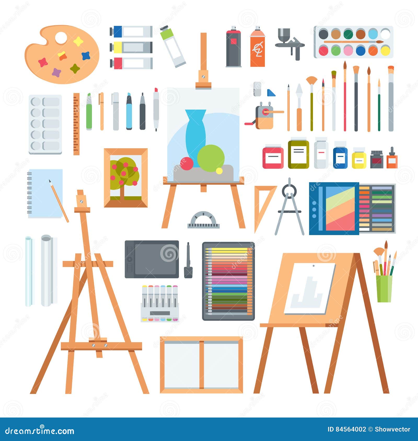 Art Tools Flat Painting Icons Vector Set. Stock Vector