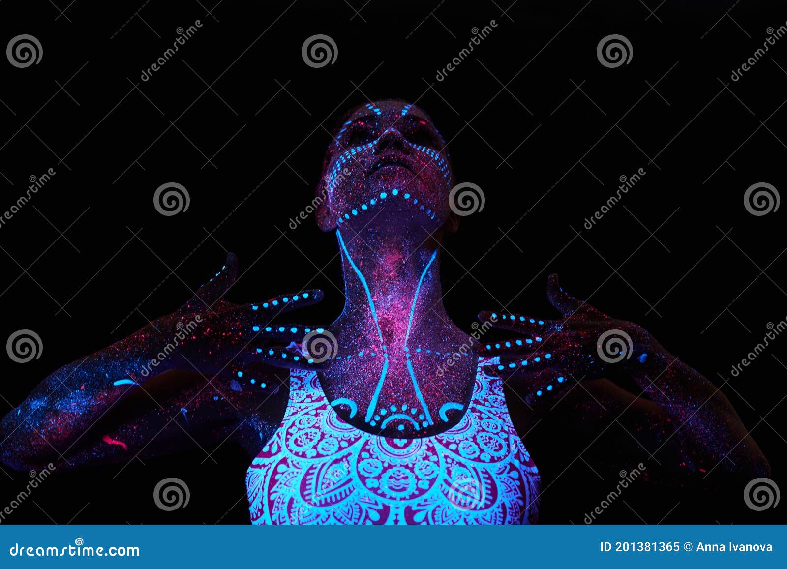 Art Woman Cosmos in Ultraviolet Light. Entire Body is Covered with ...