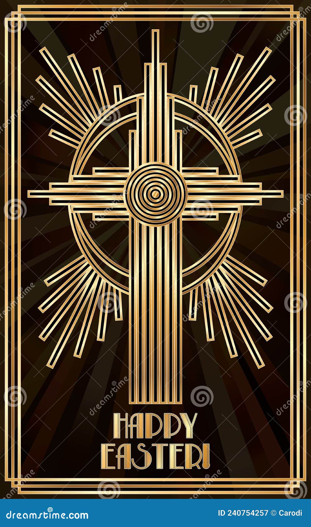 Happy Easter Art Deco Greeting Card with Golden Catholic Cross , Vector Stock Vector