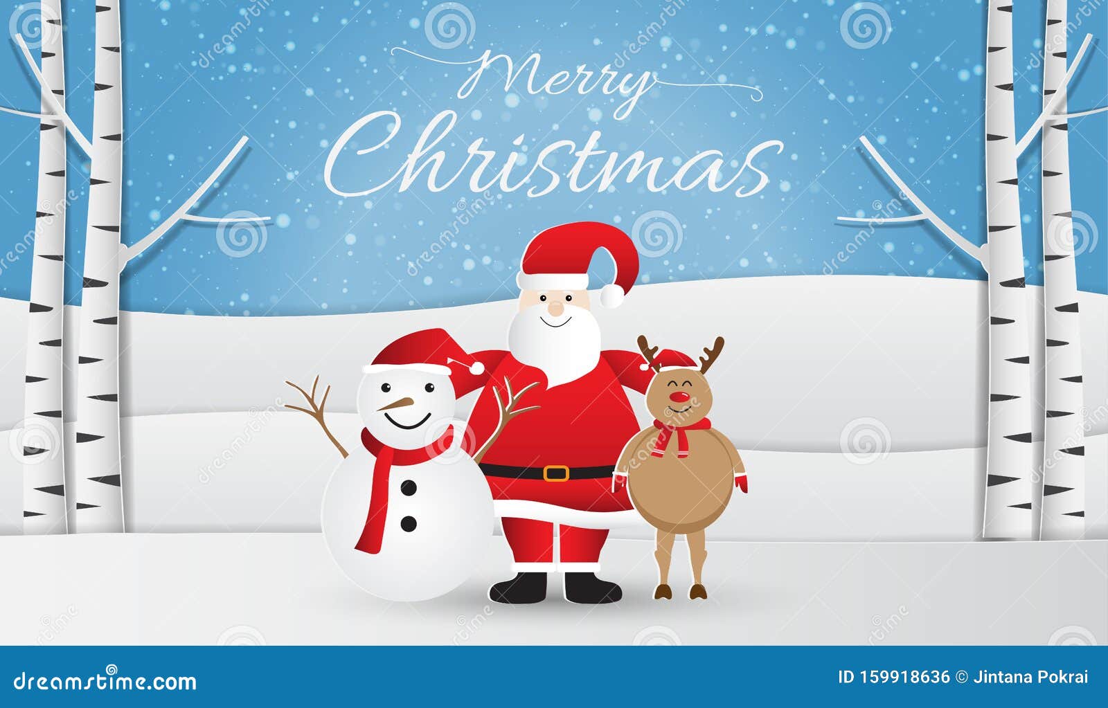 Arte De Papel De Feliz Santa Claus Con Muñeco De Nieve Y Reno Sobre Fondo De Nieve En Invierno, Feliz Navidad Stock de ilustración - Ilustración de fondo, muñeco: 159918636