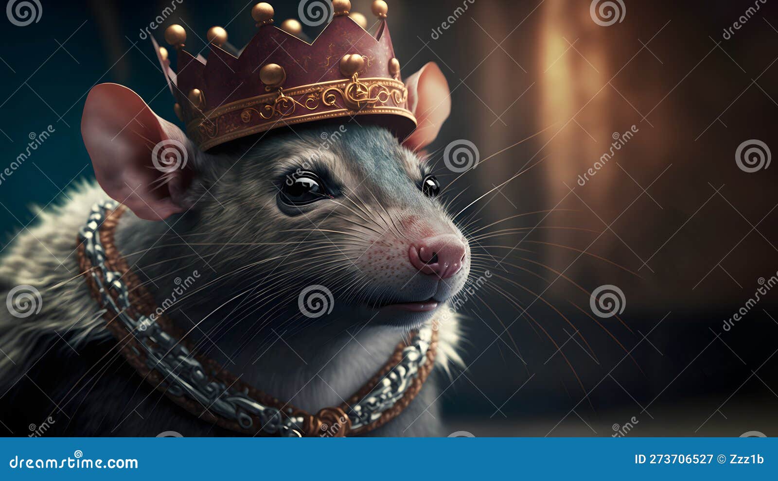 Medieval painting, realistic grey rat wearing a crown