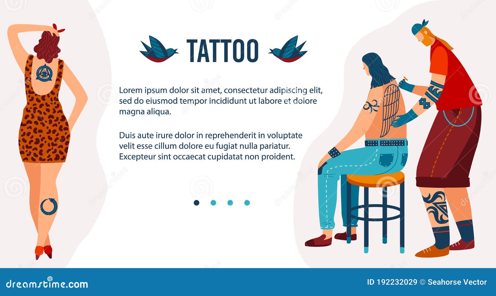 cliente masculino faz tatuagem nas costas com mestre feminino no salão.  mulher faz pintura de arte corporal para cliente homem em estúdio. conceito  de tatuagem. subcultura e diversidade. ilustração vetorial plana. 13530130