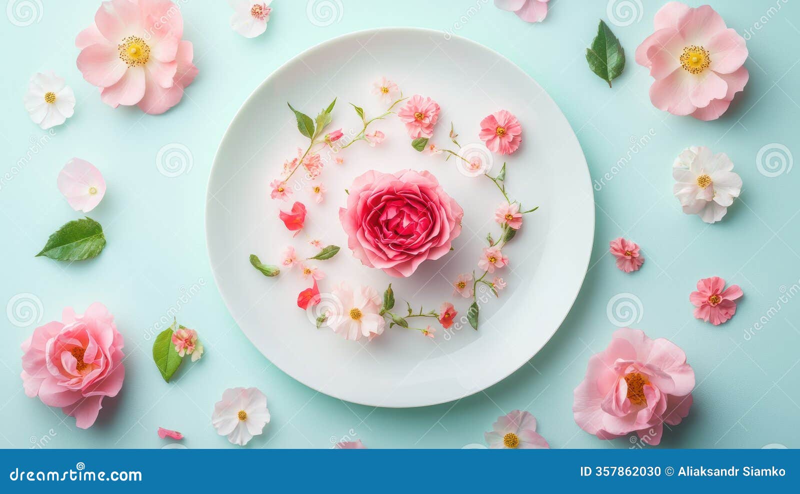 artful arrangement of pink flowers on a decorative plate