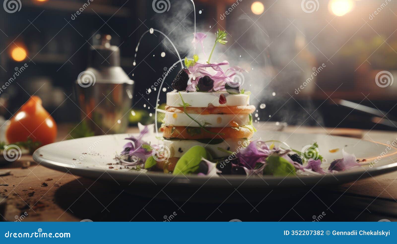 artful culinary presentation utilizing bokeh to highlight vibrant dishes and fresh ingredients