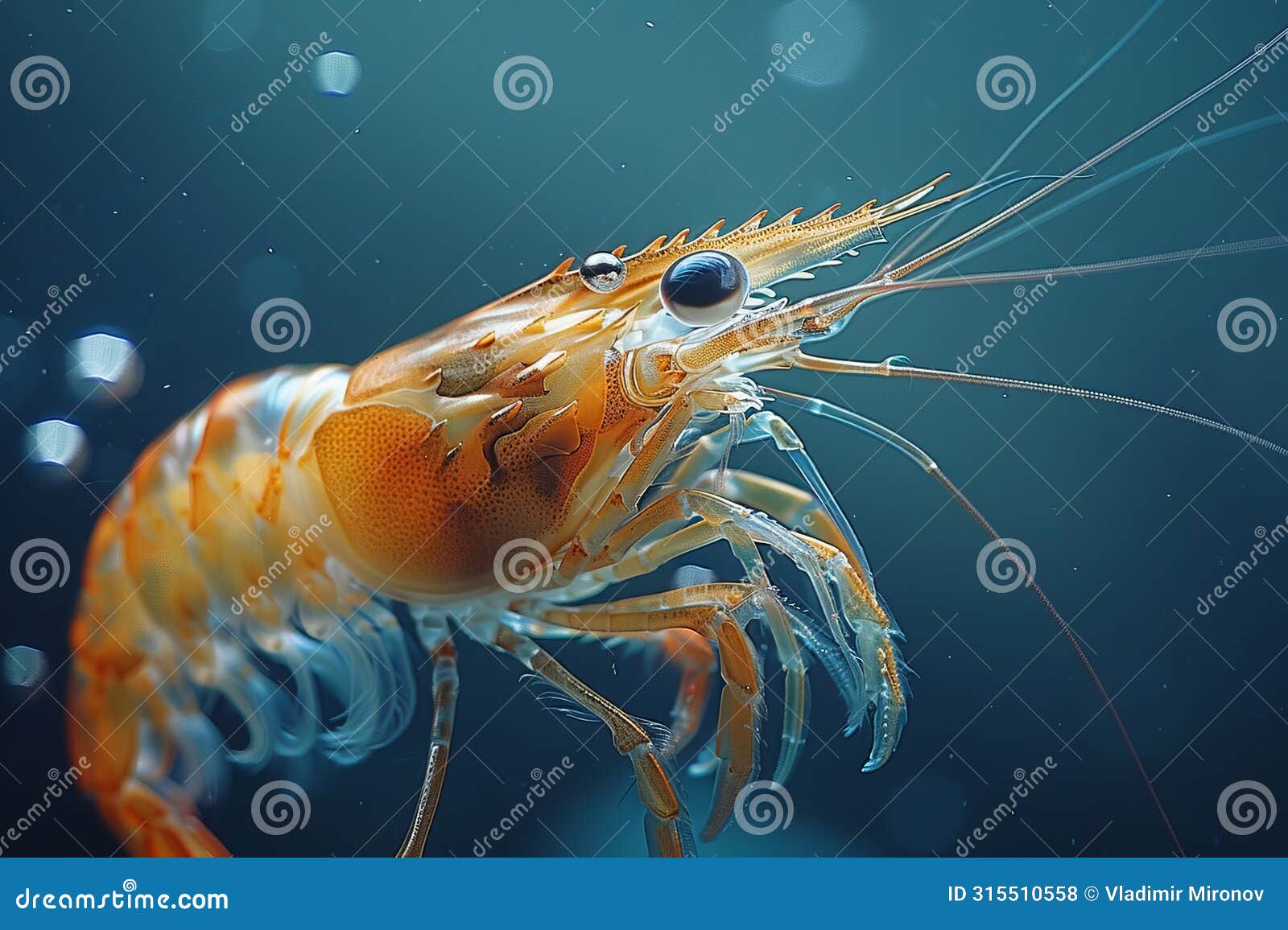 arthropod botan shrimp in electric blue fluid, macro photography