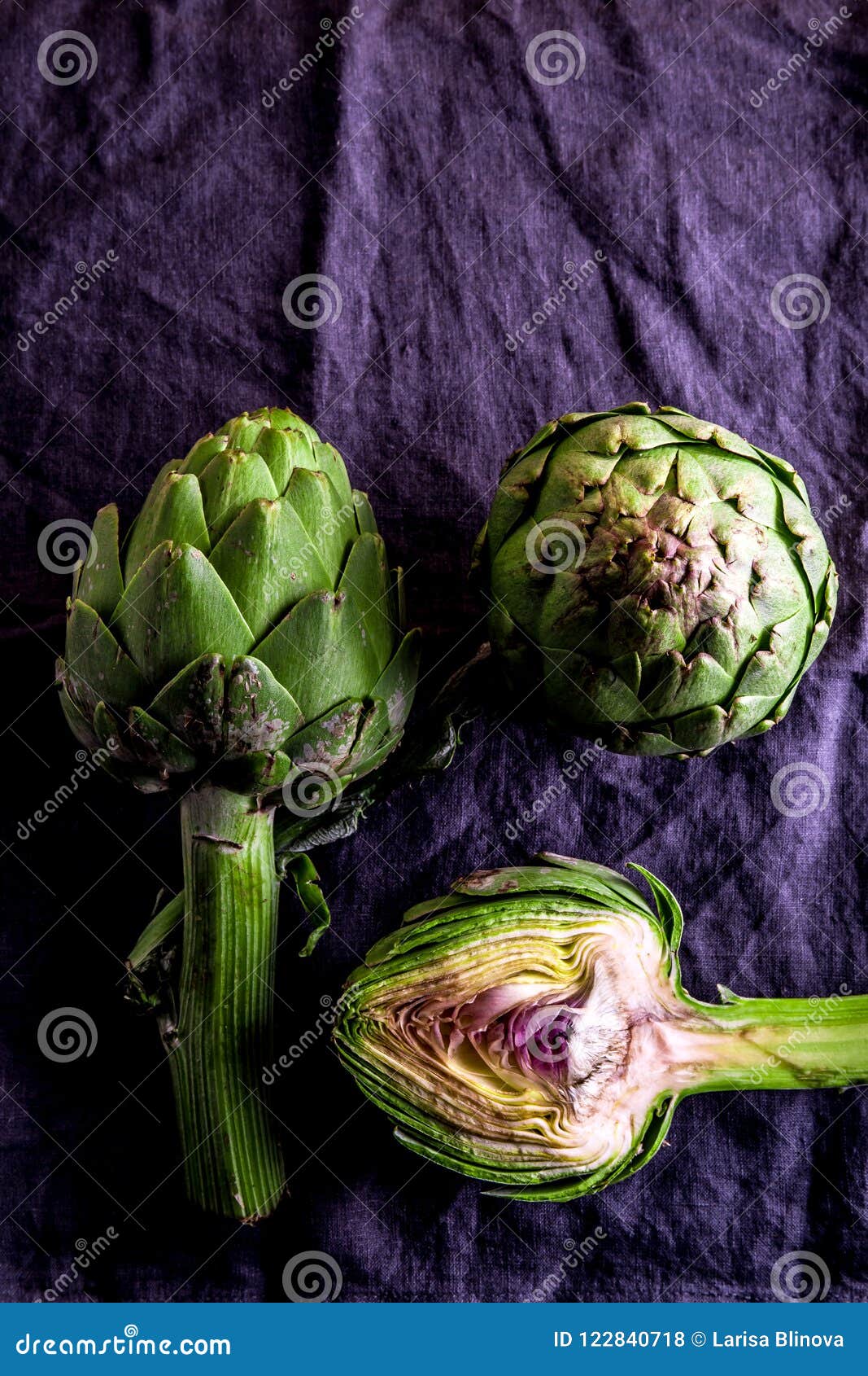 artichoke. close up of artichoke, top view, dark background. macro