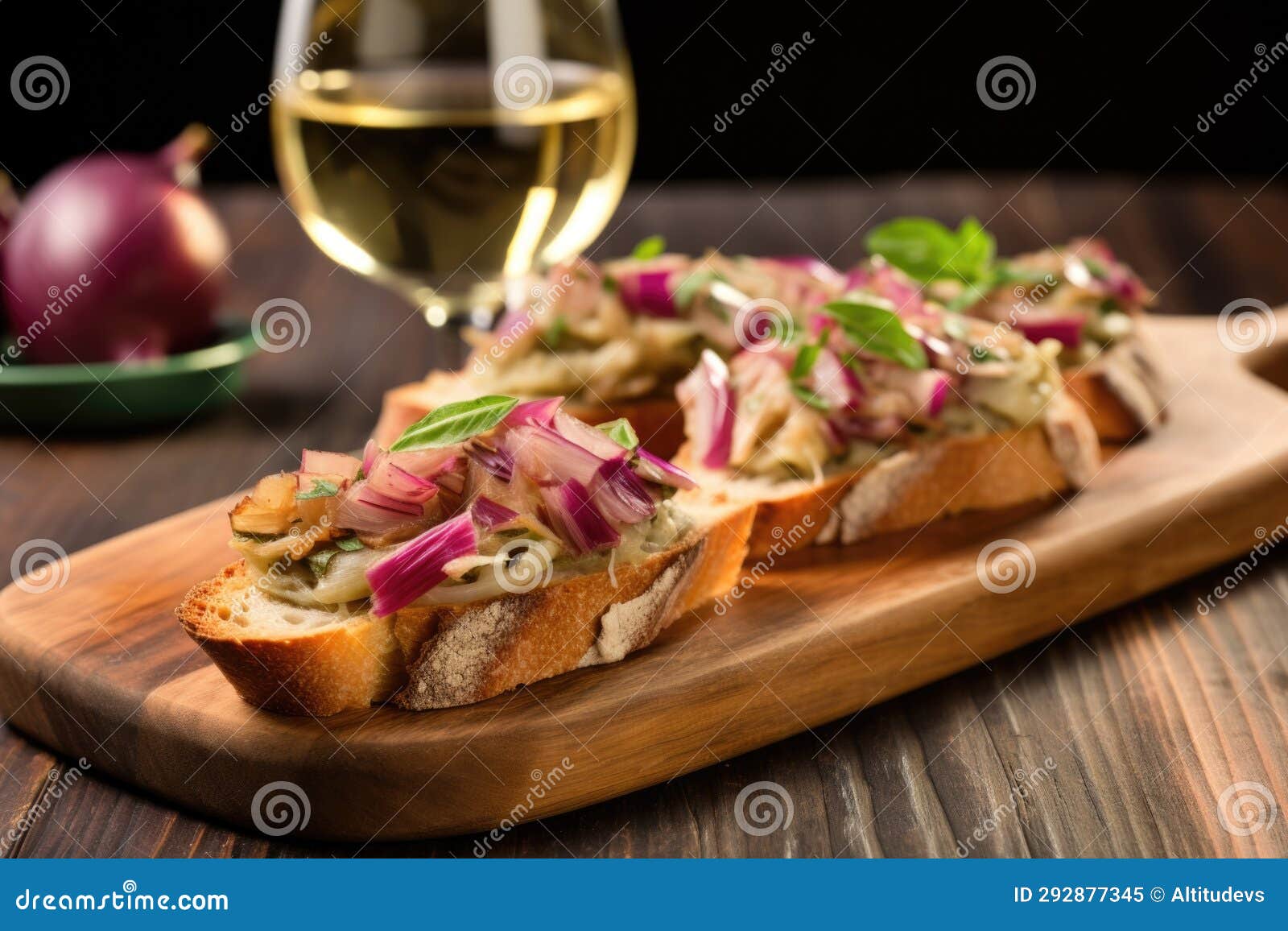 Artichoke Heart and Red Onion Bruschetta on a Rustic Table Stock Image