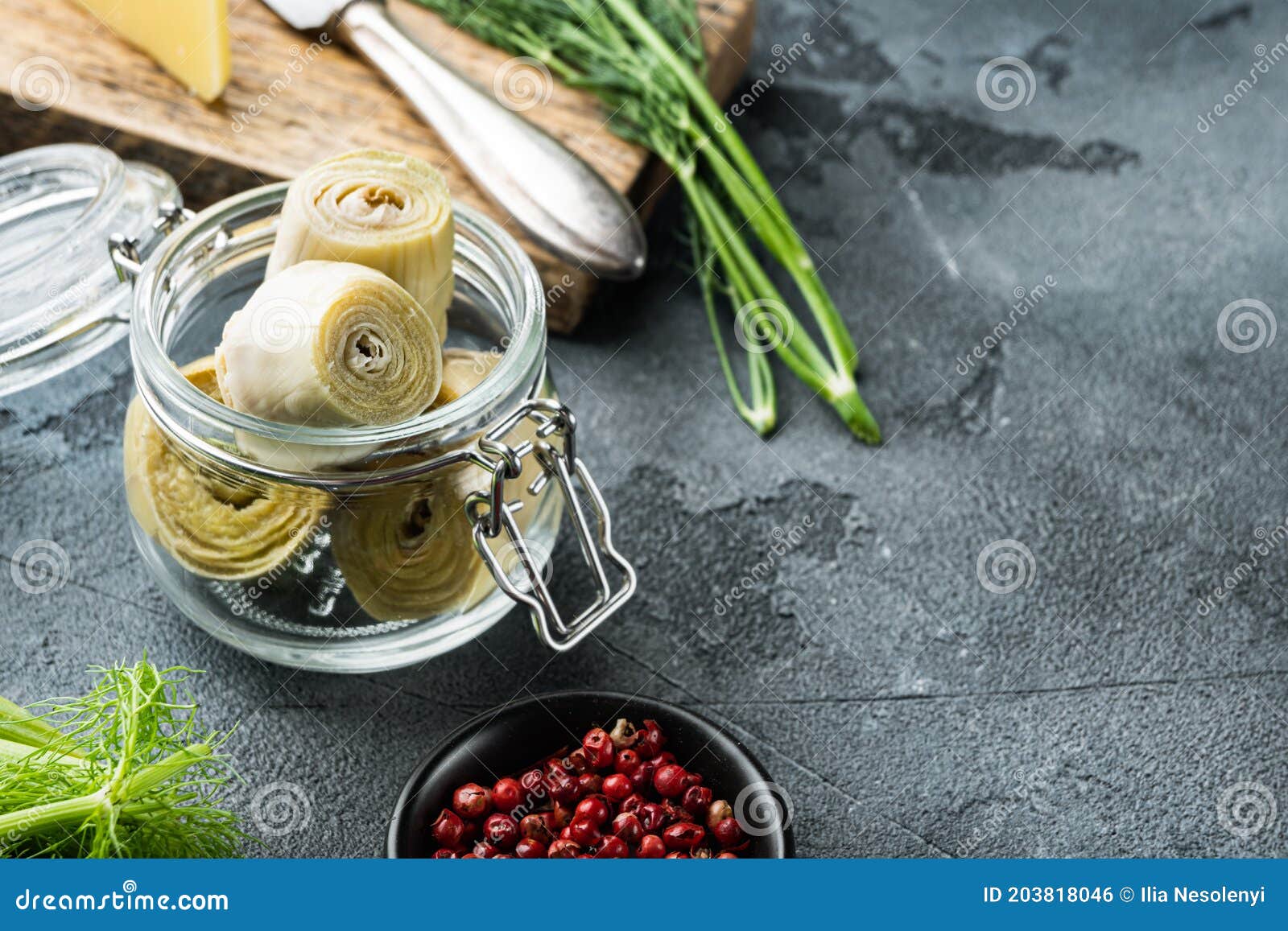 Artichoke Hearts, on Grey Background with Space for Text Stock Photo