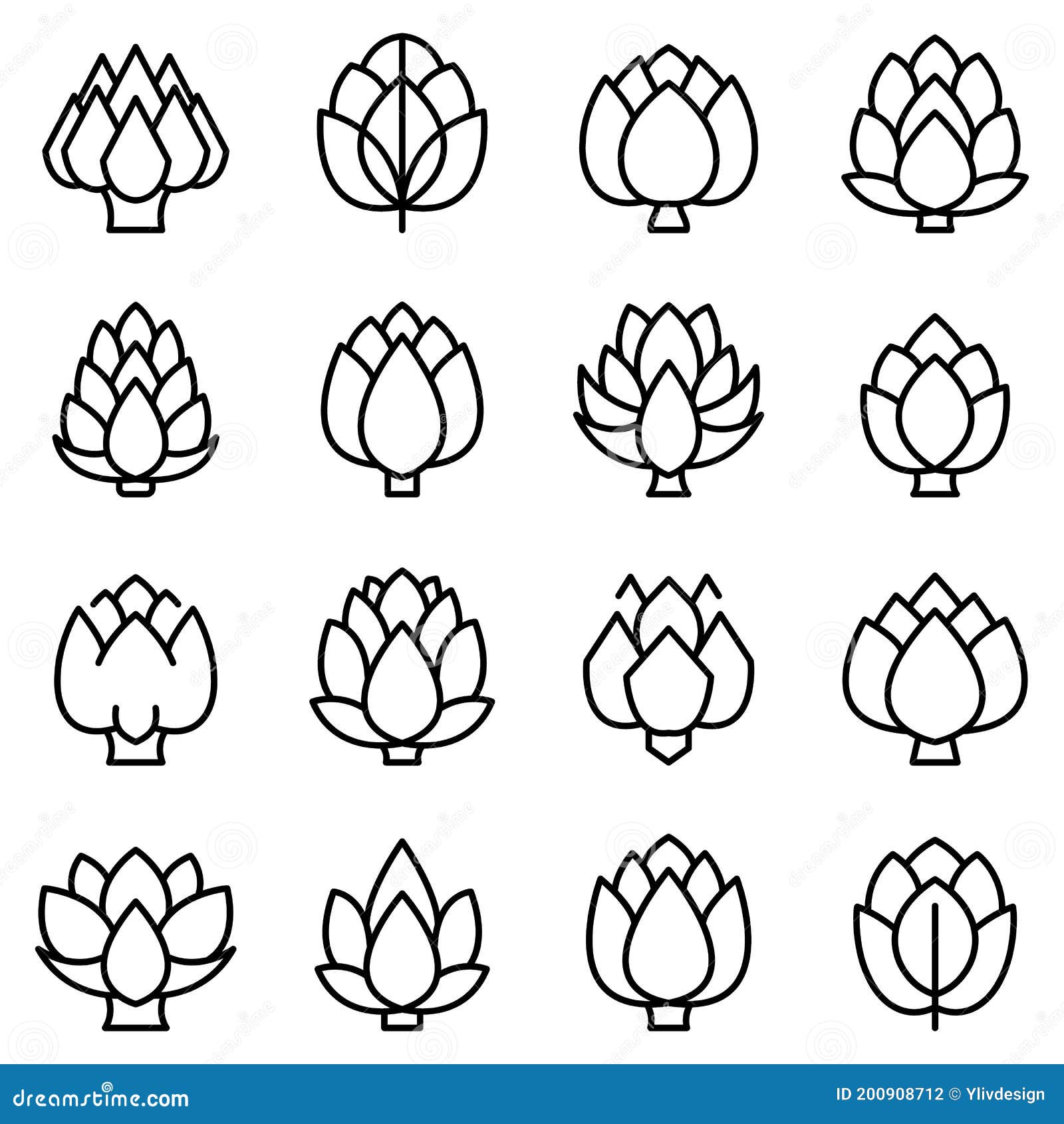 artichoke icons set, outline style