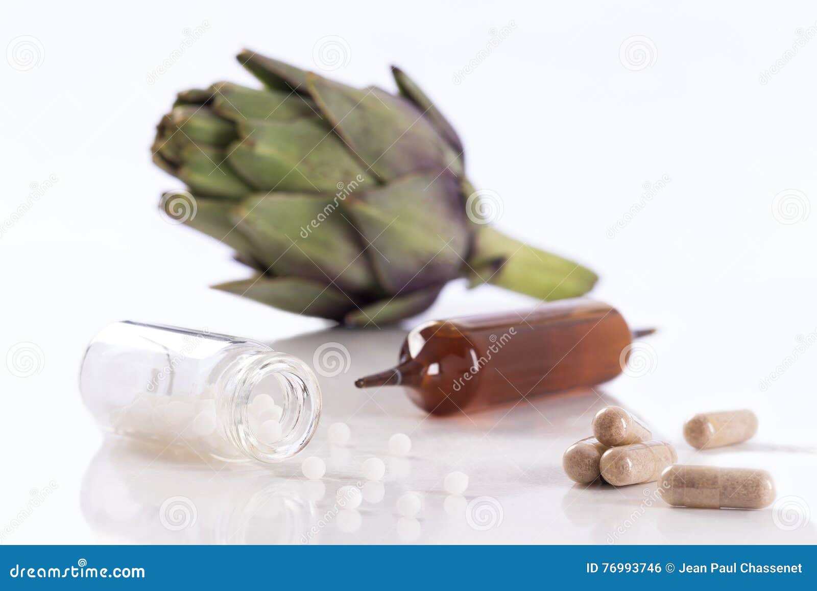 Artichoke Leaf Extract Capsules. Tablets, and Ampoules Stock Photo