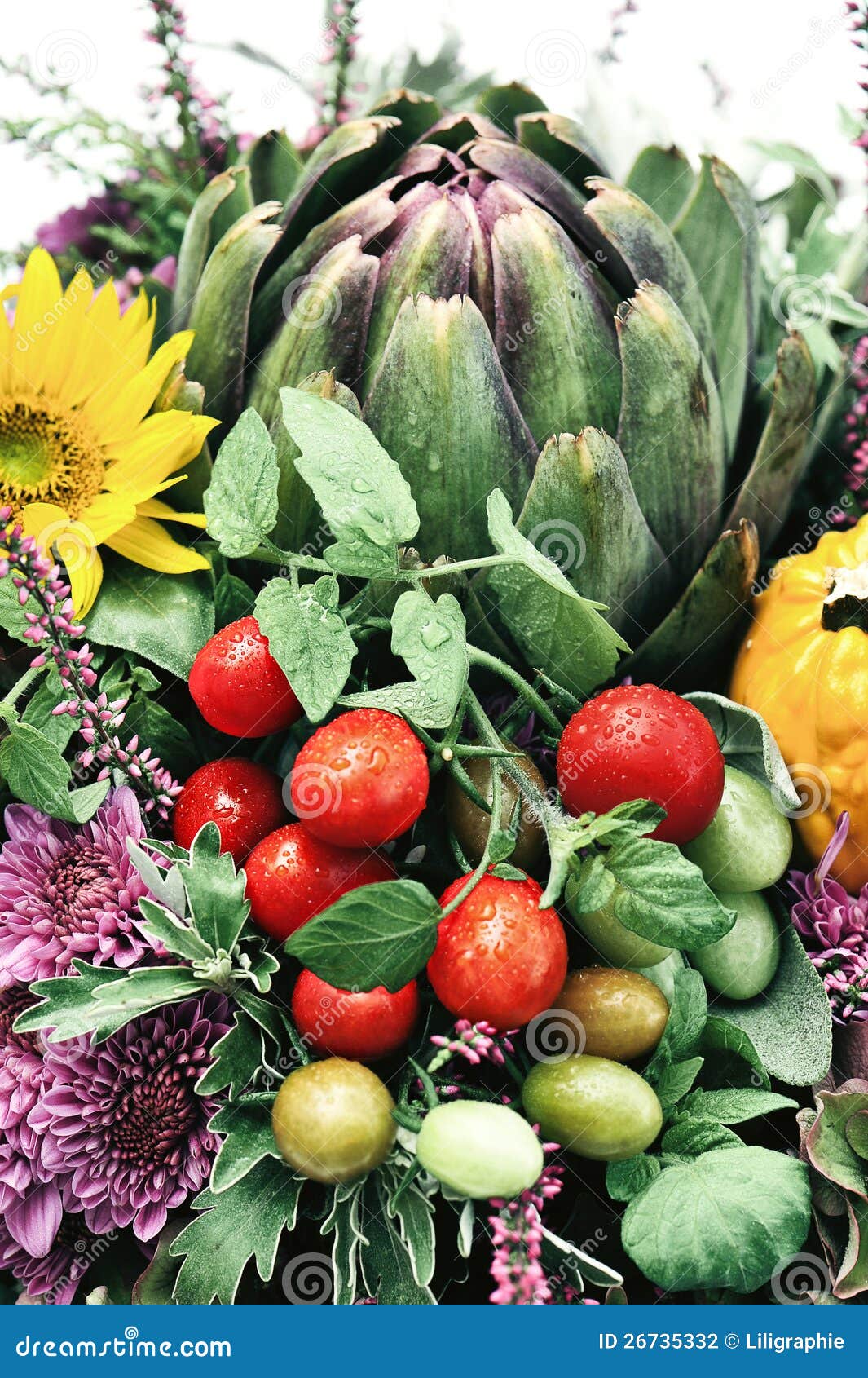 Artichoke, Tomatoes and Flowers Arrangement Stock Photo Image of