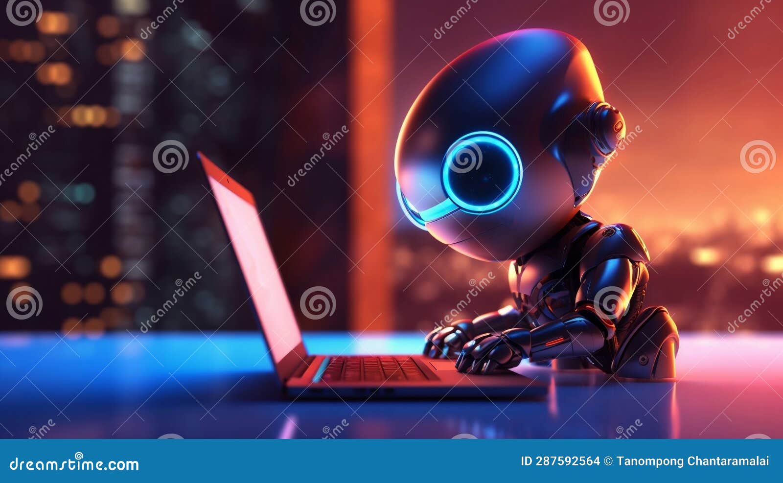 articifial intelligence robot in red using computer with blurred city skyline, chatbot and disruptive technology concept