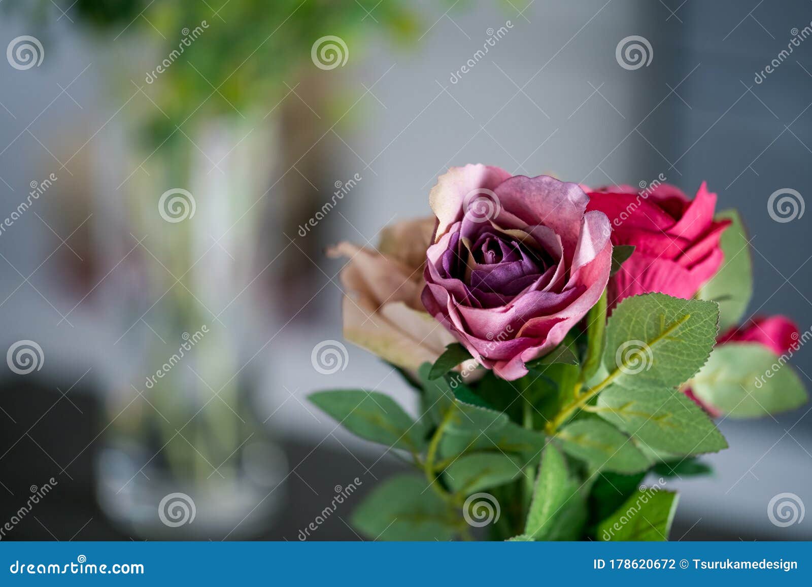 Artificial Antique Roses on Kitchen Table. Stock Photo Image of