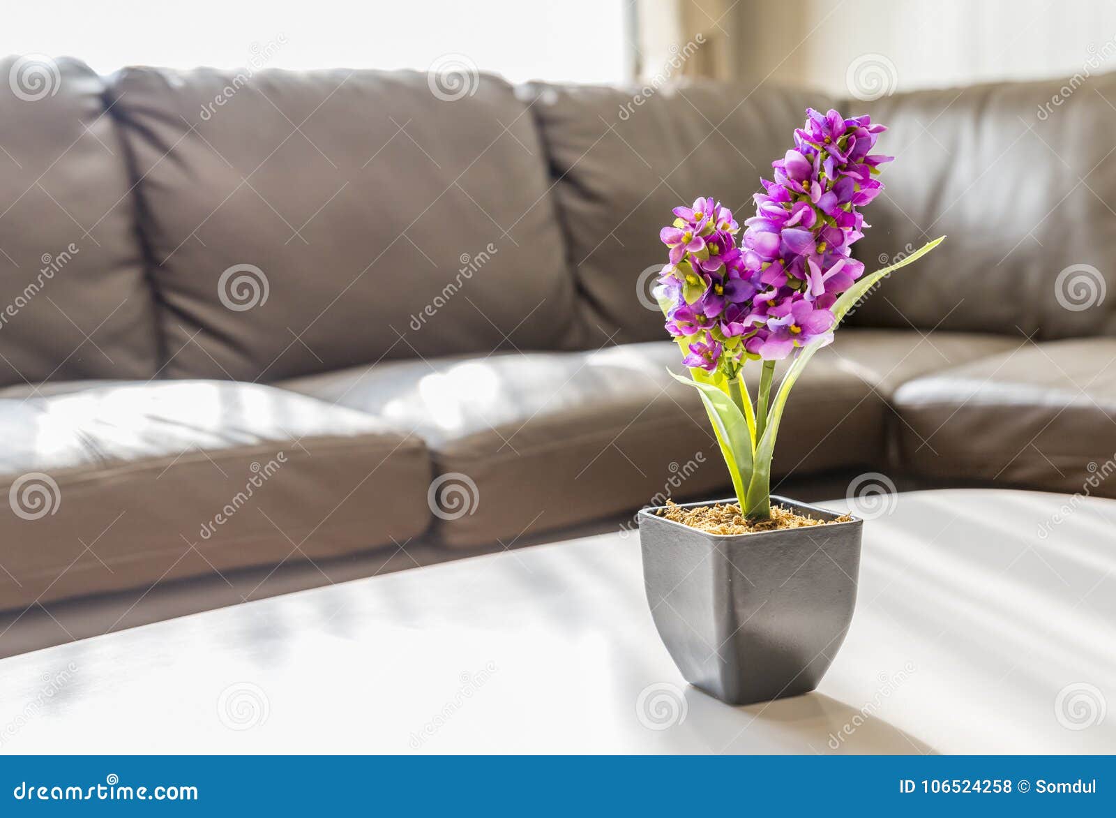 artificial arpophyllum in small pot on table