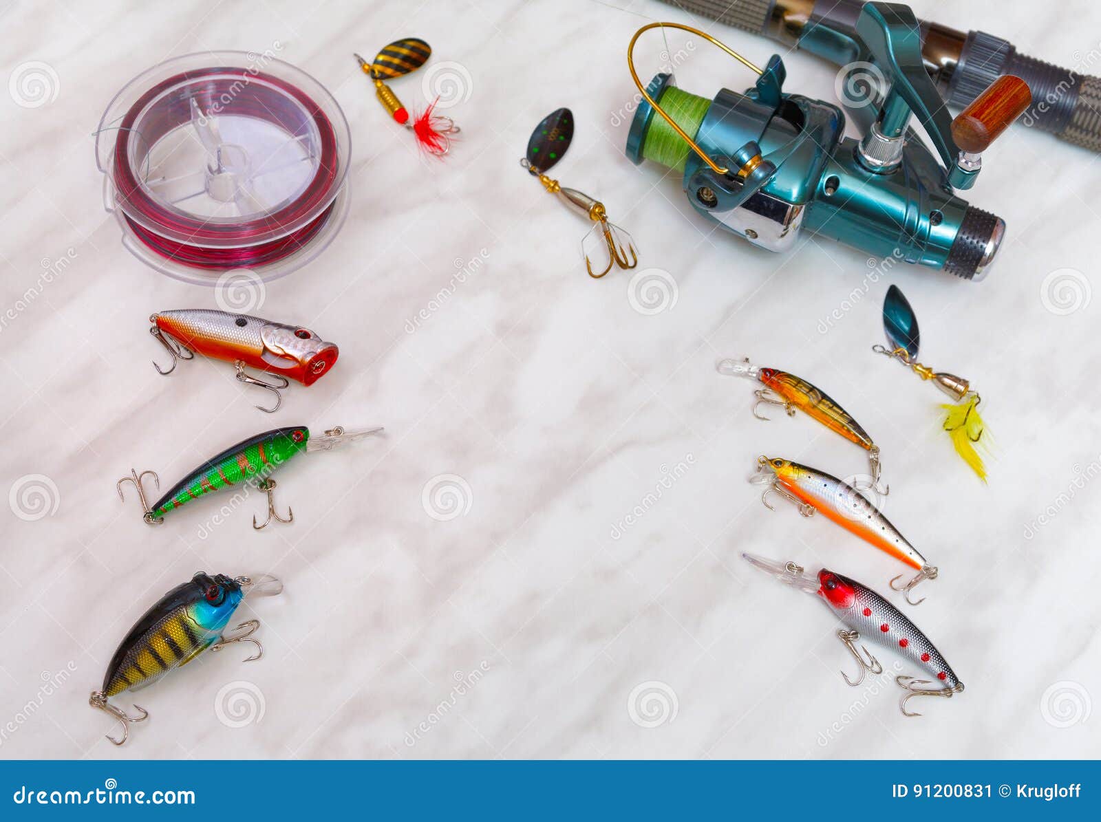 Artificial Baits and Fishing Tackle As a Frame for Inscription, Text