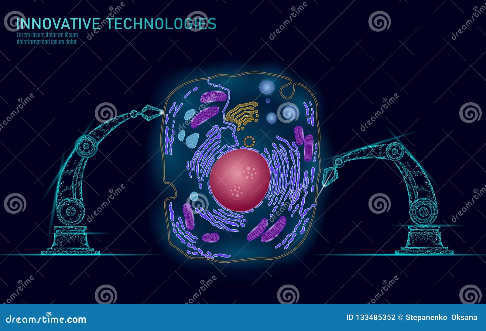 artificial cell synthesys gene therapy dna 3d chemical. animal cell biochemistry engineering research concept. biorobot