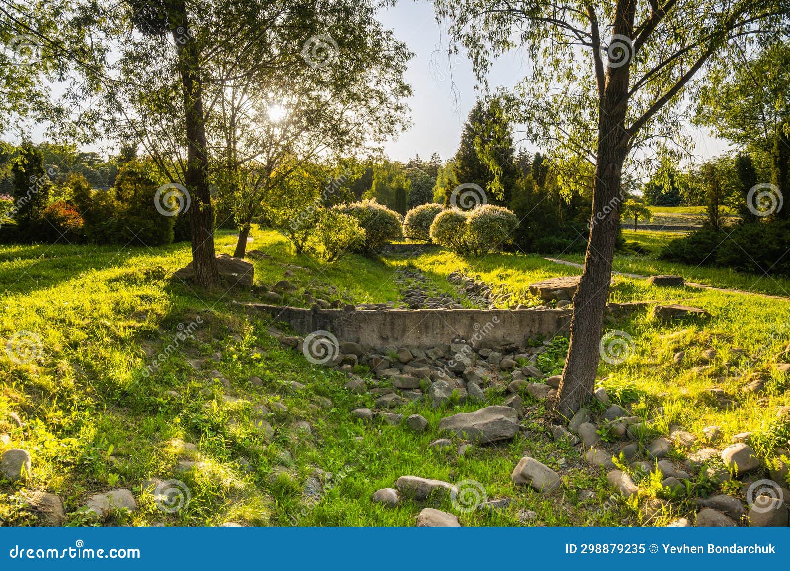 Artificial Dry Riverbed in the Park, Illuminated by Beautiful Sunlight